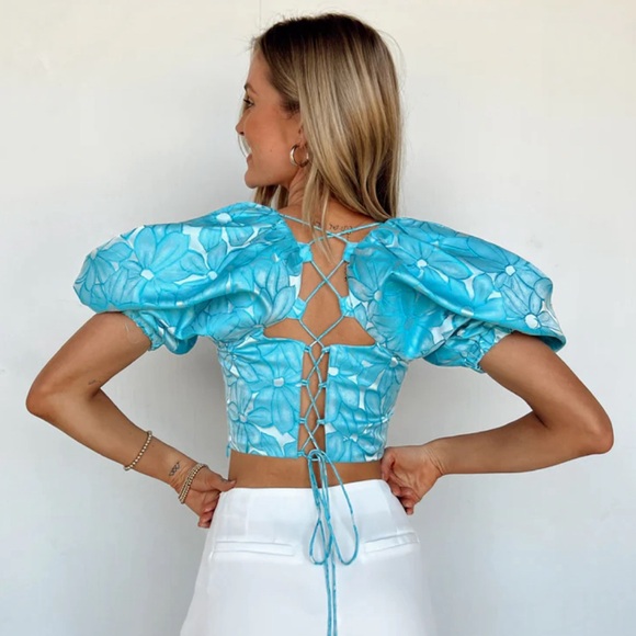 Blue Corseté like Crop Top with Puff Sleeves - Picture 2 of 6